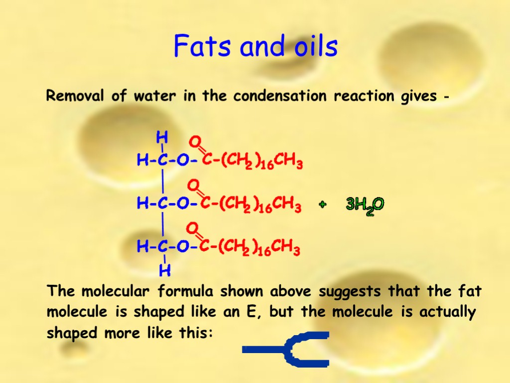 Fats and oils Removal of water in the condensation reaction gives - The molecular